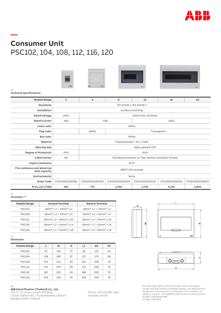 กล่องใส่เบรกเกอร์ 4 ช่อง ABB PSC104 Consumer Unit IEC IP40 Plastic Box & Cover_5